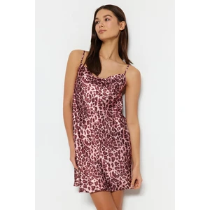 Trendyol Pink Premium Satin Leopard Patterned Turndown Collar Woven Nightgown