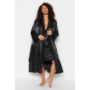 Trendyol Curve Black Belted Satin Dressing Gown with Woven Lace