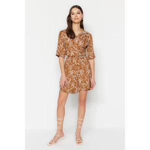 Trendyol Brown Belted Mini Woven Leaf Patterned Jumpsuit