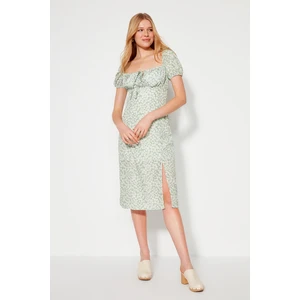 Trendyol Green Straight Cut Moss Crepe Midi Woven Collar Lace-Up Detail and Flower Pattern Dress