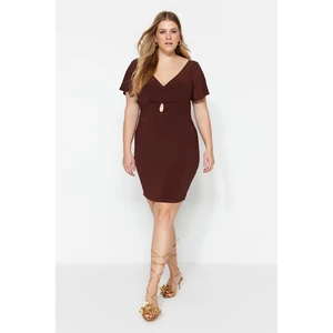 Trendyol Curve Brown Knitted V-Neck Window/Cut Out Detailed Dress