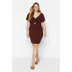 Trendyol Curve Brown Knitted V-Neck Window/Cut Out Detailed Dress
