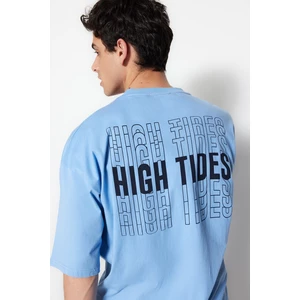 Trendyol Blue Men's Oversize/Wide Cut Crew Neck Short Sleeve Text Printed 100% Cotton T-Shirt.
