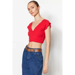 Trendyol Red Crop Corduroy Knitted Cotton Shirt, Double Breasted, Double Breasted