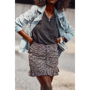 Patterned miniskirt with purple ruffles