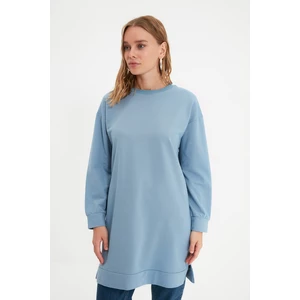 Trendyol Blue Crew Neck Slit Detailed Basic Knitted Sweatshirt