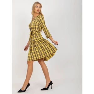 Yellow elegant plaid dress with frill and belt