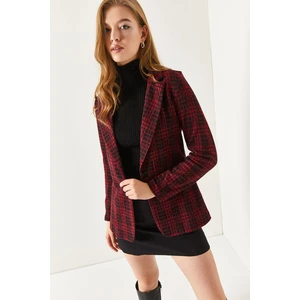 armonika Women's Claret Red Stamped One-Button Plaid Jacket