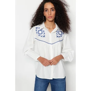 Trendyol Ecru Embroidered Cotton Woven Shirt