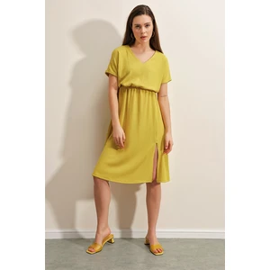 Bigdart 2378 V-Neck Knitted Dress with Slits - Yellow
