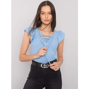 Light blue blouse with a laced neckline