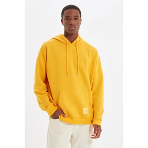 Trendyol Yellow Men's Hoodie Oversized Slogan Label Sweatshirt