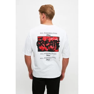 Trendyol White Men's Oversize Printed Short Sleeve T-Shirt
