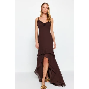 Trendyol Dark Brown Woven Lined Chiffon Flounce Long Evening Evening Dress