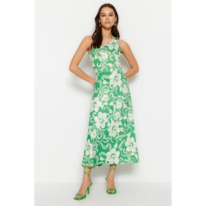 Trendyol Green Knitted One-Shoulder Midi Halter/Skater Printed Dress