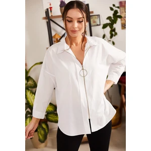 armonika Women's White Loose Zippered Shirt