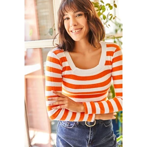 Olalook Women's Orange U-Neck Striped Lycra Blouse