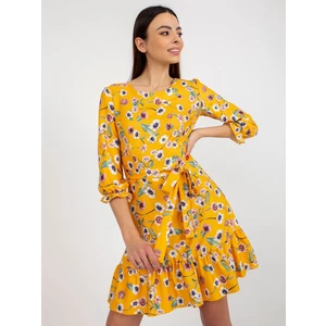 Dark yellow floral dress with tie and ruffle