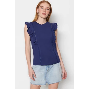 Trendyol Navy Blue Knitted Blouse with Frill and Crochet Detailed Crew-neck