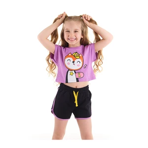 Denokids Squirrel Girl Child Crop Top Lilac T-shirt Black Shorts Set