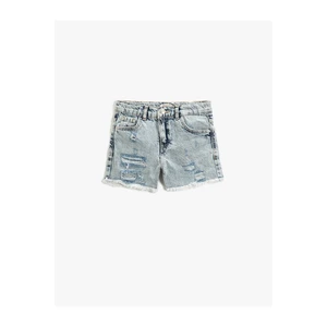 Koton Denim shorts with pockets, frayed details, tassels around the edges, and an adjustable elasticated waist.