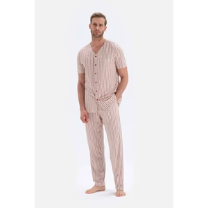 Dagi Ecru Short Sleeve Striped Knitted Pajamas Set