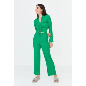 Trendyol Green Pleated Crepe Knitted Pajamas Set