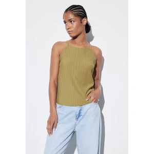 Trendyol Oil Green Pleated Halter Knitted Blouse