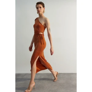 Trendyol Cinnamon One-Shoulder Detailed Evening Dress.