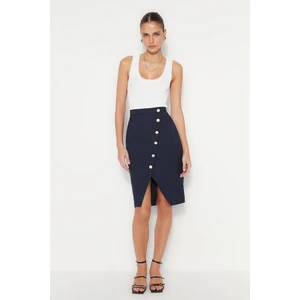 Trendyol Navy Blue Midi Woven Skirt With A Slit And Button Detail