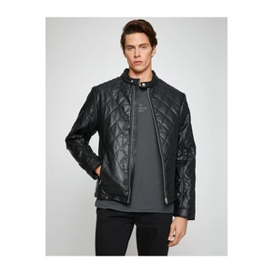 Koton Leather Look Jacket Bomber Collar Quilted Pocket Detailed