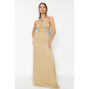 Trendyol Long Evening Dress with Window/Cut Out Detailed Gold Opening at the Waist/Skater Lined Evening Dress