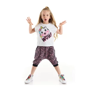 Denokids Zebracorn Girls' White T-shirt Zebra Patterned Pink Capri Shorts Set.