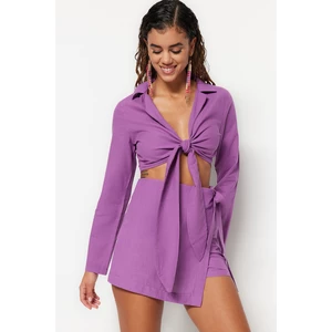 Trendyol Lilac Woven Tie 100% Cotton Blouse, Shorts & Skirt Set