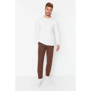 Trendyol Brown - Beige Men Regular Fit Crew Neck Bottom Woven Top Knitted Pajamas Set