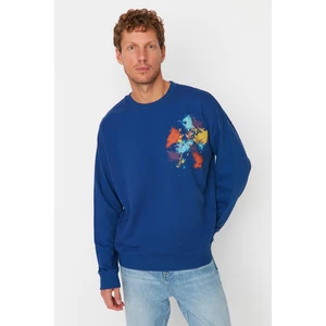 Trendyol Navy Blue Men's Oversize Fit Crew Neck Printed Sweatshirt