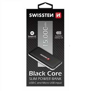 Powerbank Swissten Slim Black Core 15000 mAh s USB-C bemenettel és intelligens töltéssel, fekete
