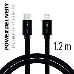 Adatkábel Swissten textil s USB-C + Lightning konnektorral és gyorstöltés támogatással 1,2 m, fekete