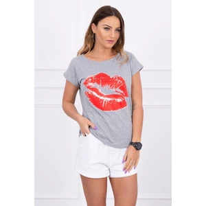 Blouse with lips print gray