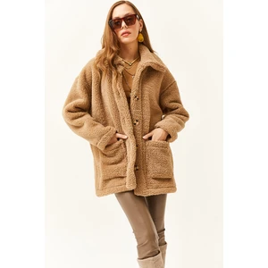 Olalook Women's Mink Buttoned Pocket Unlined Oversize Plush Jacket