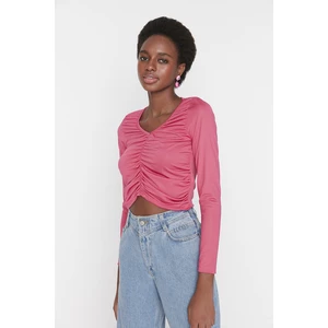 Trendyol Pink Pleated Crop Knitted Blouse