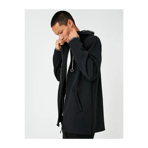 Koton Basic Long Cardigan Hooded Zipper Pocket Slogan Detailed