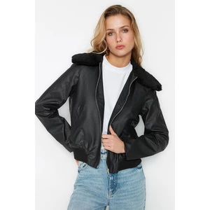 Trendyol Black Collar Plush Detailed Faux Leather Coat