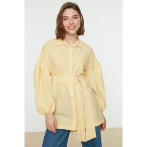 Trendyol Yellow Striped Belted Balloon Sleeves Short Front Long Back Long Woven Shirt