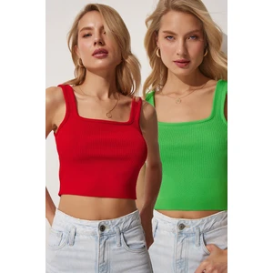 Happiness İstanbul Women's Red Green 2 Pieces Summer Tricot Crop Blouse