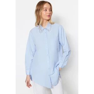 Trendyol Blue Collar Woven Cotton Shirt with Accessory Detail