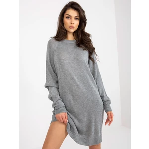 Gray loose knitted dress with a round neckline