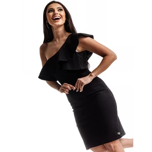 Black dress with decorative frill at the La Diva neckline