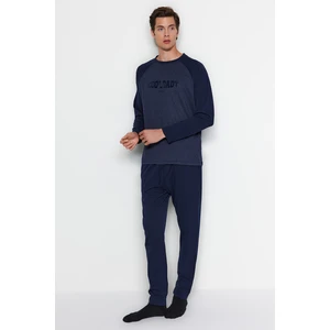 Trendyol Men's Navy Blue Printed Raglan Sleeve Knitted Pajamas Set