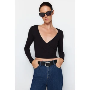Trendyol Black Double Breasted Collar Lace Detailed Long Sleeve Crop Cotton Stretch Knit Blouse